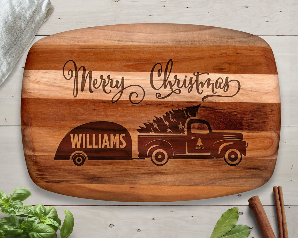 Christmas Decor, Personalized Teak Cutting Board, Christmas Gift, Rustic Christmas, Christmas Sign, Xmas Tree Truck, Christmas Decoration