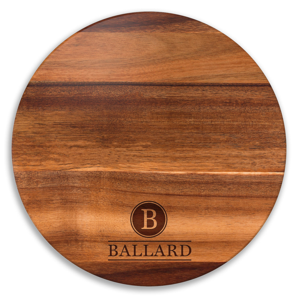Personalized Engraved Acacia Wood Lazy Susan – 18″ Round Turntable Serving Tray – Custom Family Name & Monogram Gift