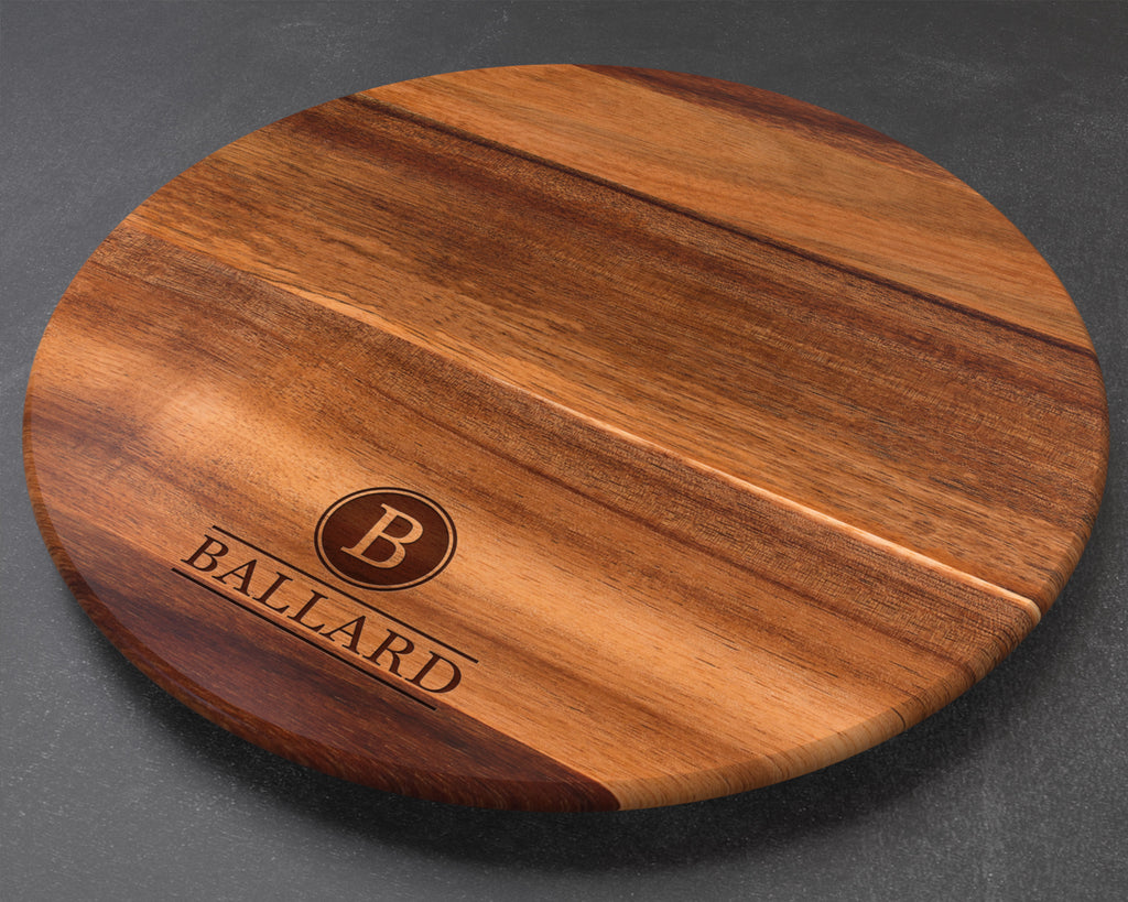 Personalized Engraved Acacia Wood Lazy Susan – 18″ Round Turntable Serving Tray – Custom Family Name & Monogram Gift