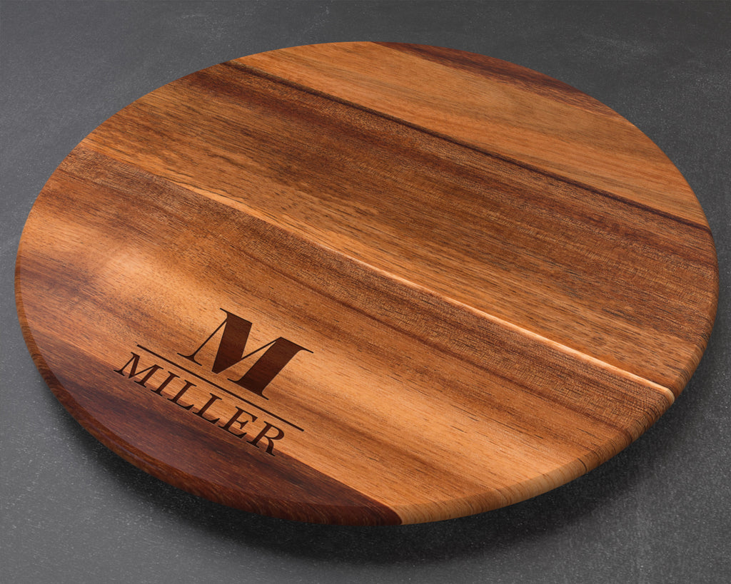 Personalized Engraved Acacia Wood Lazy Susan – 18″ Round Turntable Serving Tray – Custom Monogram & Family Name Gift