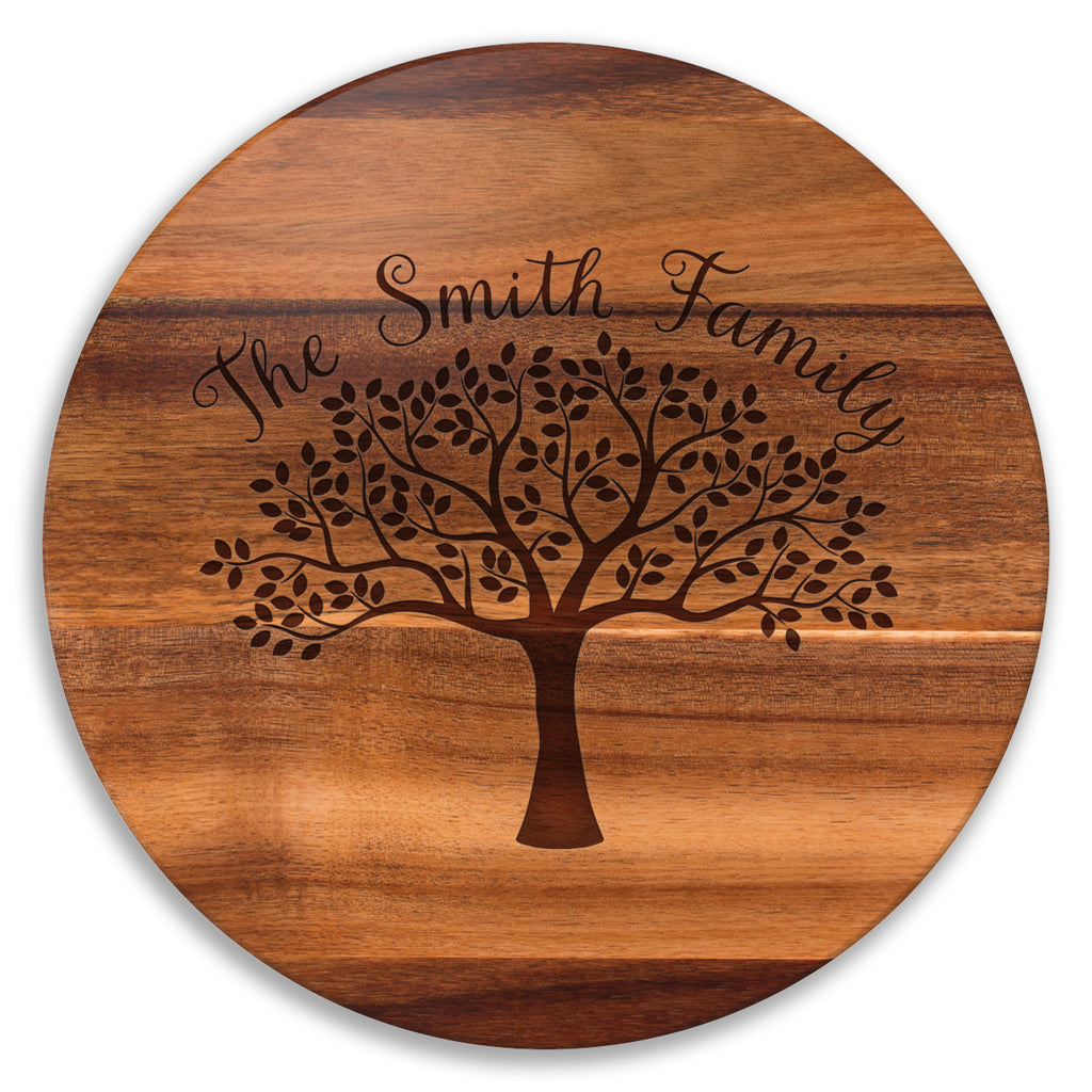 Personalized Engraved Acacia Wood Lazy Susan 18″ – Family Tree Design – Custom Last Name Turntable Serving Tray – Wedding & Housewarming Gift