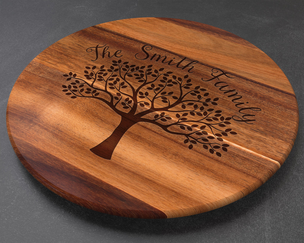 Personalized Engraved Acacia Wood Lazy Susan 18″ – Family Tree Design – Custom Last Name Turntable Serving Tray – Wedding & Housewarming Gift