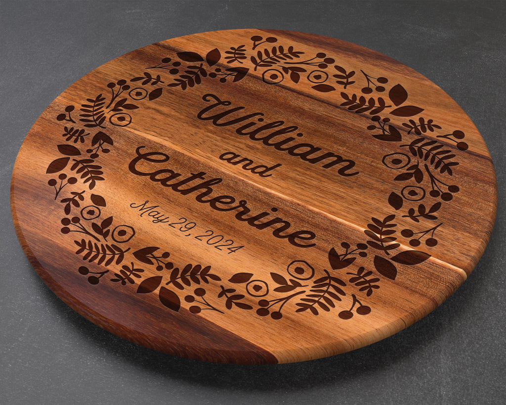 Personalized Wedding Lazy Susan 18″ • Engraved Acacia Turntable • Custom Couple’s Names & Date • Floral Wreath Gift • Anniversary & Bridal Shower Decor