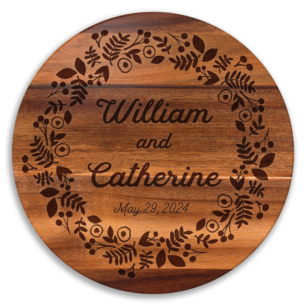 Personalized Wedding Lazy Susan 18″ • Engraved Acacia Turntable • Custom Couple’s Names & Date • Floral Wreath Gift • Anniversary & Bridal Shower Decor