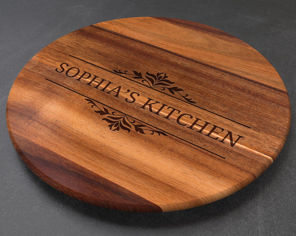 Personalized Engraved Lazy Susan 18″ • Custom Kitchen Name • Acacia Turntable • Rustic Kitchen Decor • Housewarming Gift