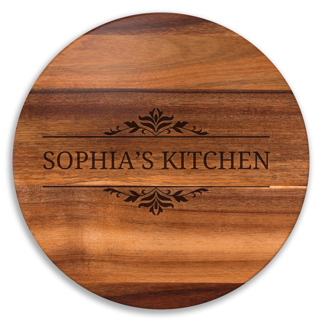 Personalized Engraved Lazy Susan 18″ • Custom Kitchen Name • Acacia Turntable • Rustic Kitchen Decor • Housewarming Gift