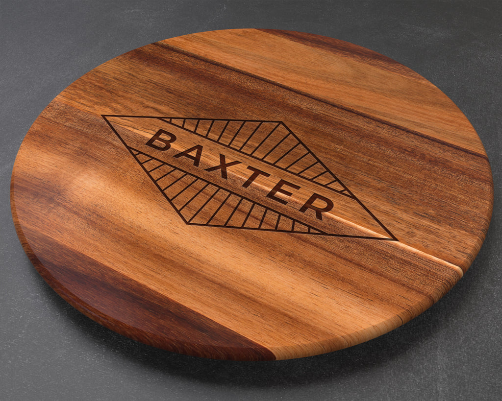 Personalized Lazy Susan 18″ • Modern Geometric Diamond Design • Engraved Acacia Turntable • Custom Name Gift • Housewarming & Kitchen Decor