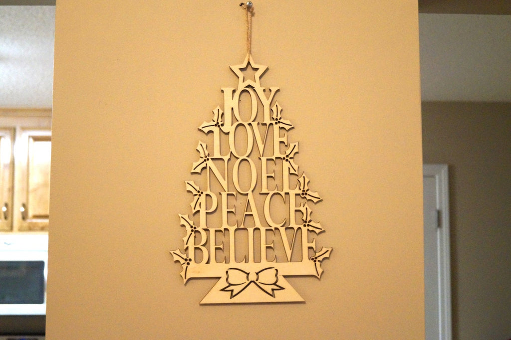 Wooden Laser Cut Christmas Decoration Joy Love Noel Peace Believe Merry Christmas Ornament Door Wreath Flourish Wood Garnish