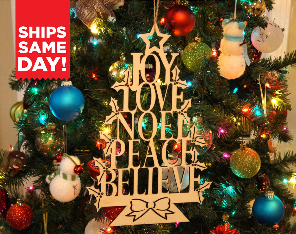 Wooden Laser Cut Christmas Decoration Joy Love Noel Peace Believe Merry Christmas Ornament Door Wreath Flourish Wood Garnish