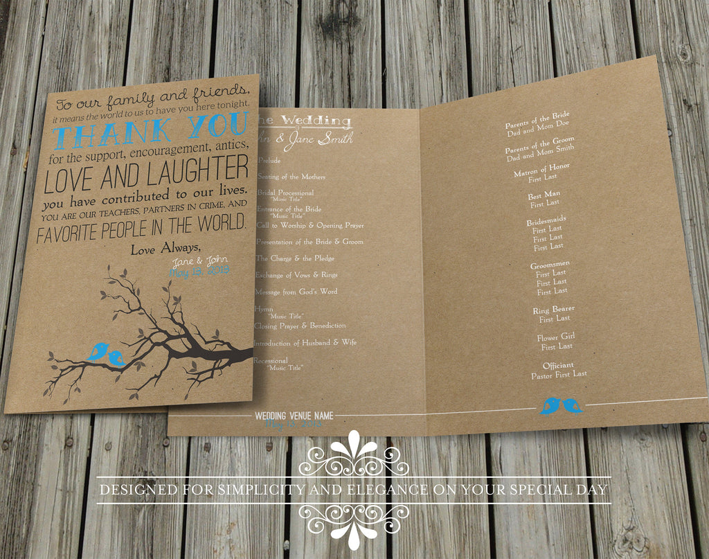 Rustic Wedding Program - Crafty Vintage Bi-fold - We make it You print it, Customizable
