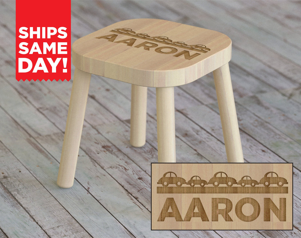 Custom Kid's stool with Car motif - Childrens Engraved Seat, Personalized Monogram Name Nursery Bedroom Baby Shower Birthday Gift ST09