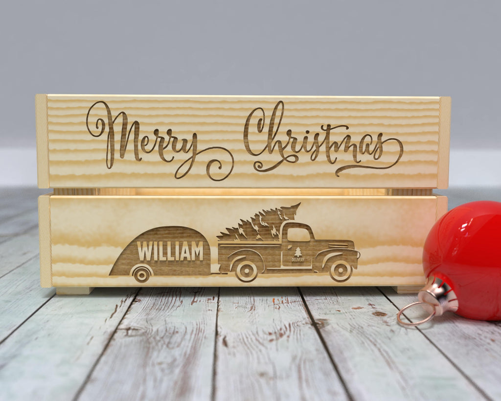 Christmas Tree Pick Up Truck Crate, Christmas Gift for Kids, Wooden Christmas Box, Small Wooden Toy Box