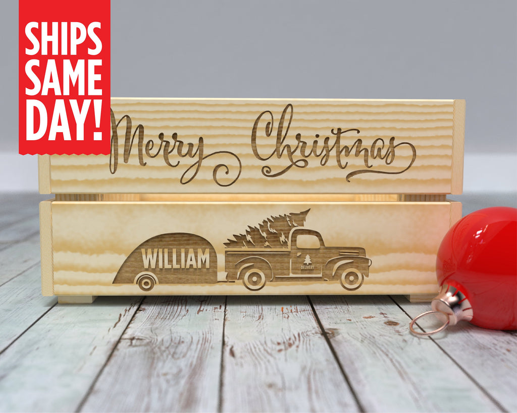 Christmas Tree Pick Up Truck Crate, Christmas Gift for Kids, Wooden Christmas Box, Small Wooden Toy Box