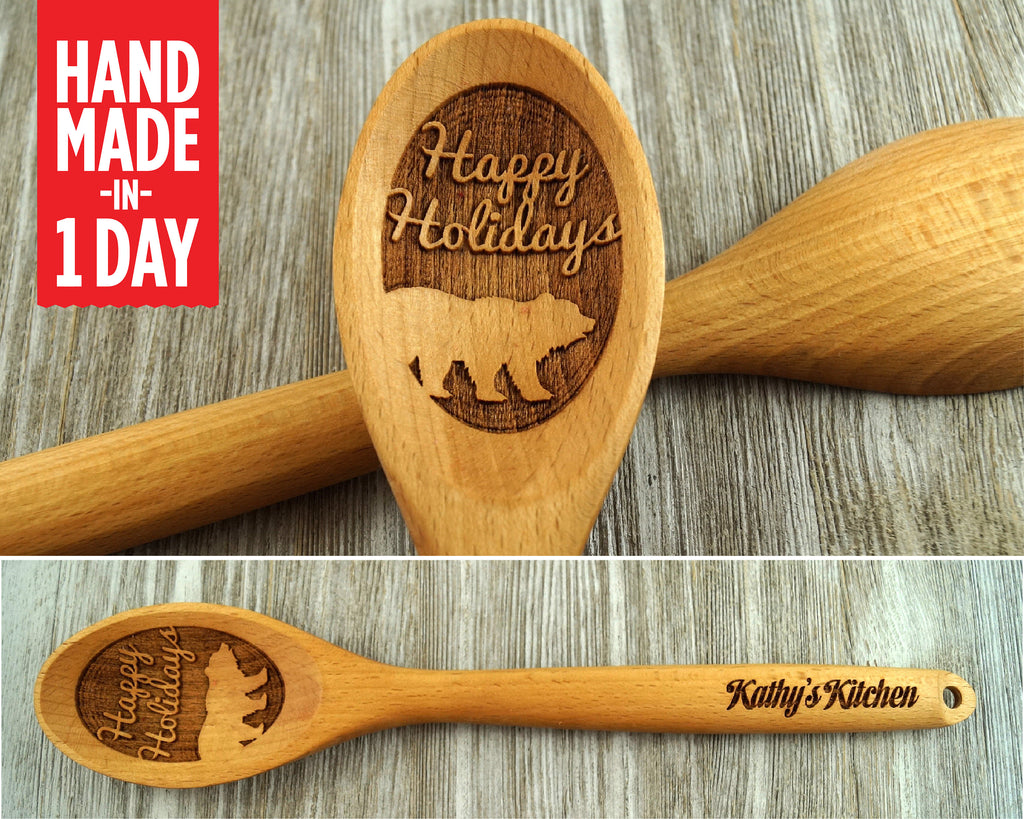 Personalized Christmas Gifts for Mom From Daughter Son - Mom Birthday Gifts  Women Mother's Day Gifts - Wooden Cooking Spoons with Funny Apron Kitchen