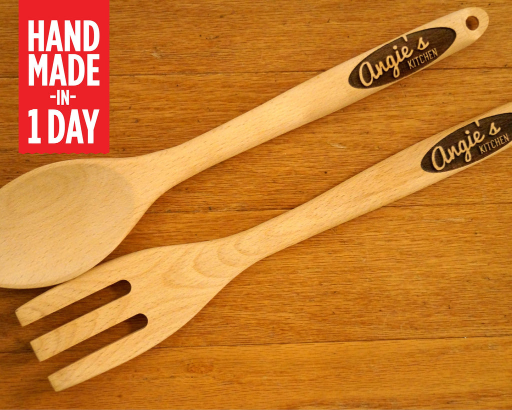 Personalized Wood Spoon and Fork set, Salad Servers, Serving Spoon, Serving Utensils, Kitchen Set, Gift for Wife, Mom Gifts, Gift for Mom