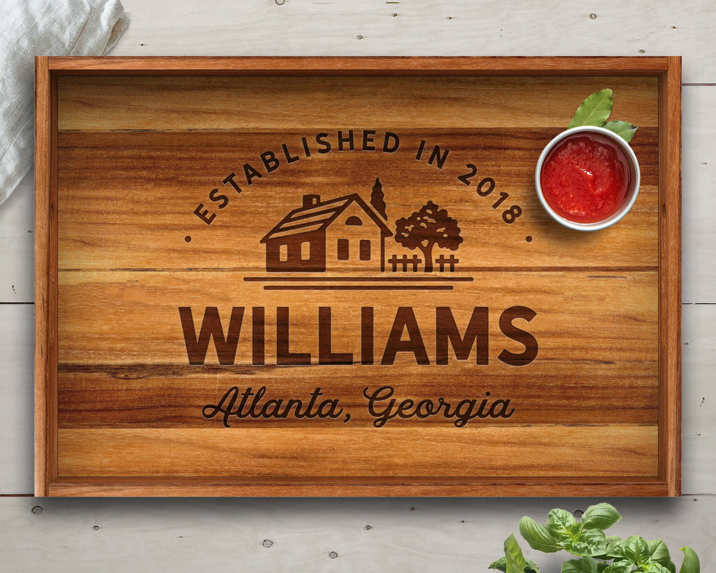 Farmhouse Style, Tray, Teak, Custom Serving Tray, Tray with Handles, Engraved Tray, Gift for Her, Gift For Wife, Wedding Gift, Established