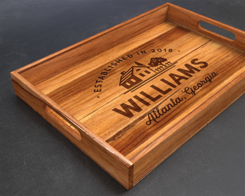 Farmhouse Style, Tray, Teak, Custom Serving Tray, Tray with Handles, Engraved Tray, Gift for Her, Gift For Wife, Wedding Gift, Established
