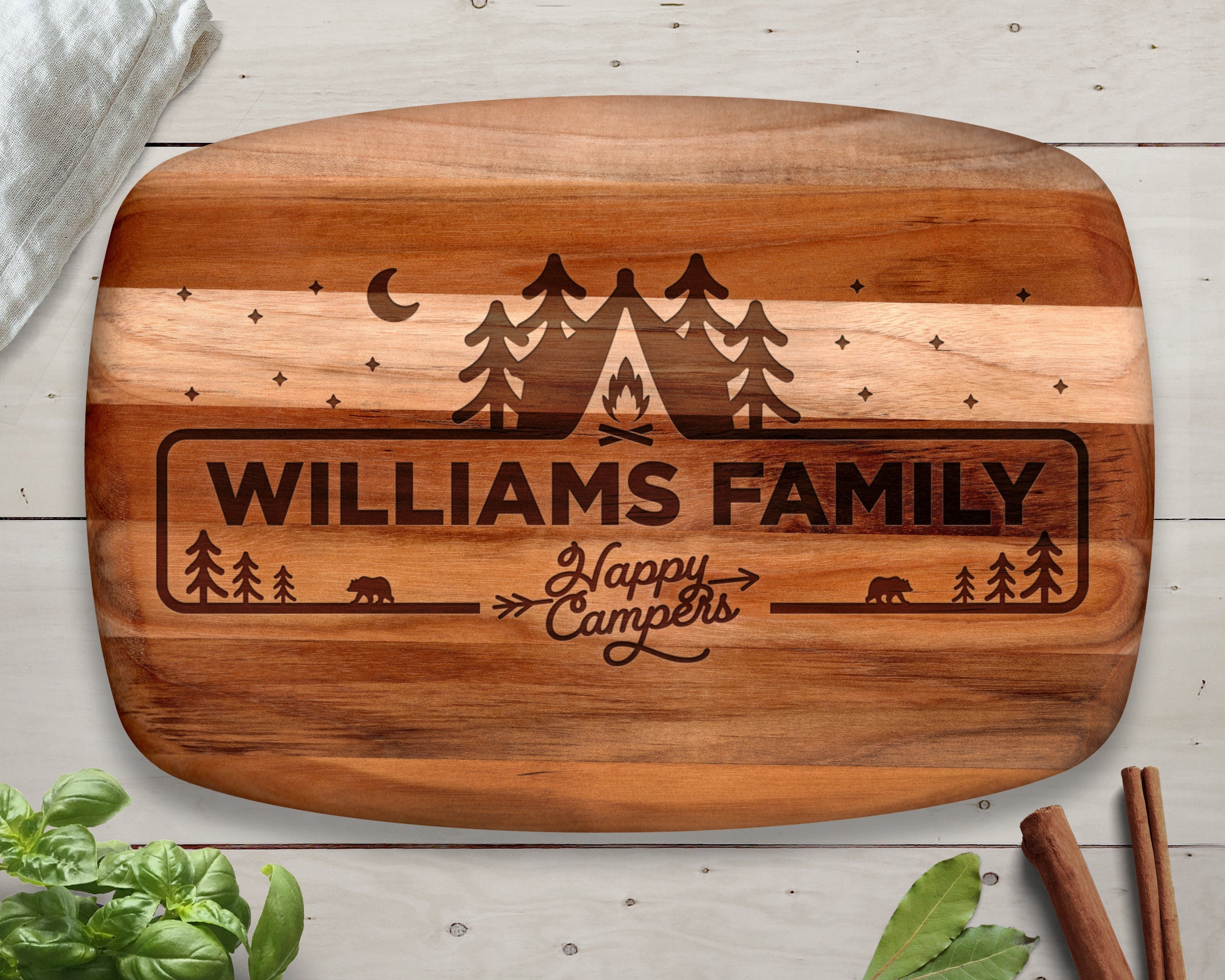 Happy Camper Bamboo Cutting Board,Retro RV Engraved Camping Cutting Board,  Camper Decor RV Gift for Couple,Camping,Housewarming&Party Small