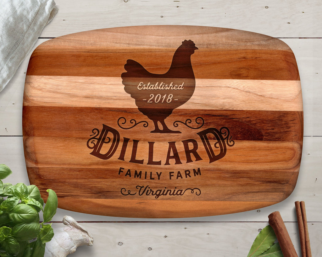 Rooster, Cutting Board, Teak, Chicken Gift, Personalized Cutting Board, Chopping Block, Family Gift, Family Name Sign, Christmas